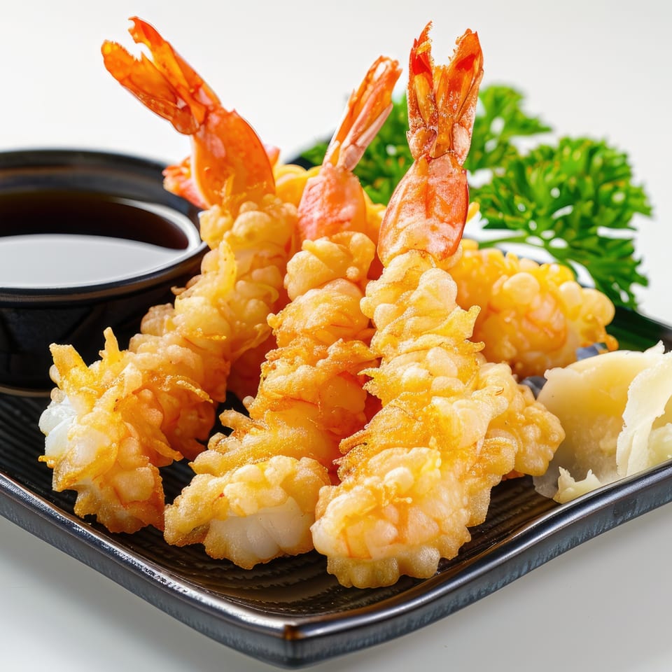 Crispy golden tempura shrimp with a side of soy sauce, pickled ginger, and parsley.